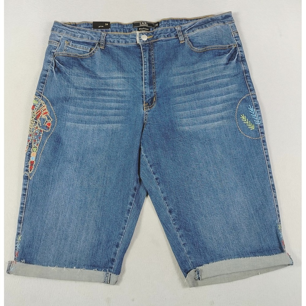 Lucky & Blessed Boyfriend Shorts Womens 24 Blue Denim Bermuda Embroidered Boho
